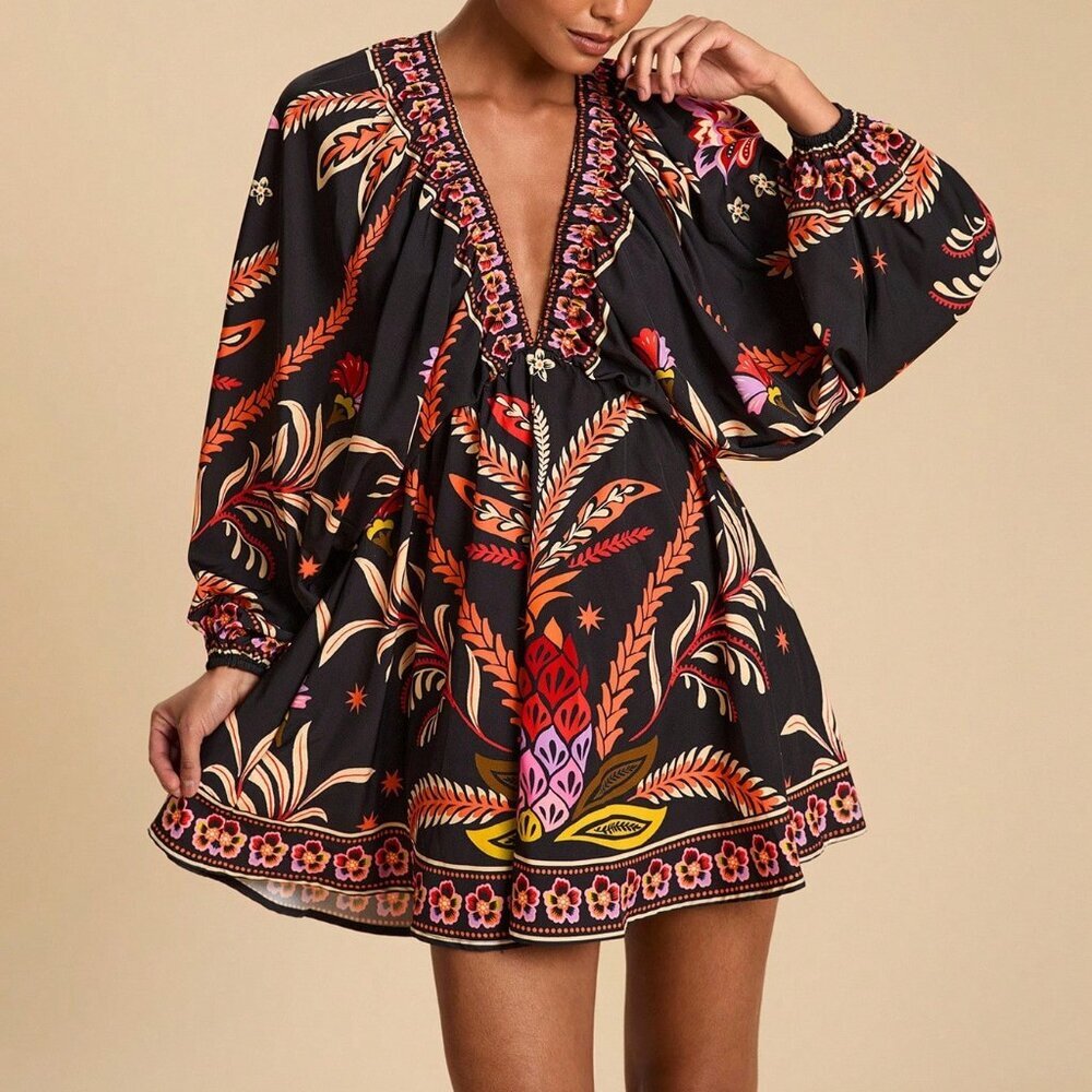 Multicolor Boho Women's Casual  Plant Print Batwing Sleeves Mini Dress - Picture 7 of 7
